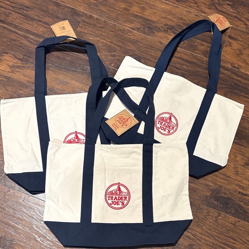Classic Large Trader Joe's Canvas Tote Bag - Cream with Navy Trim (3 Large Bags)